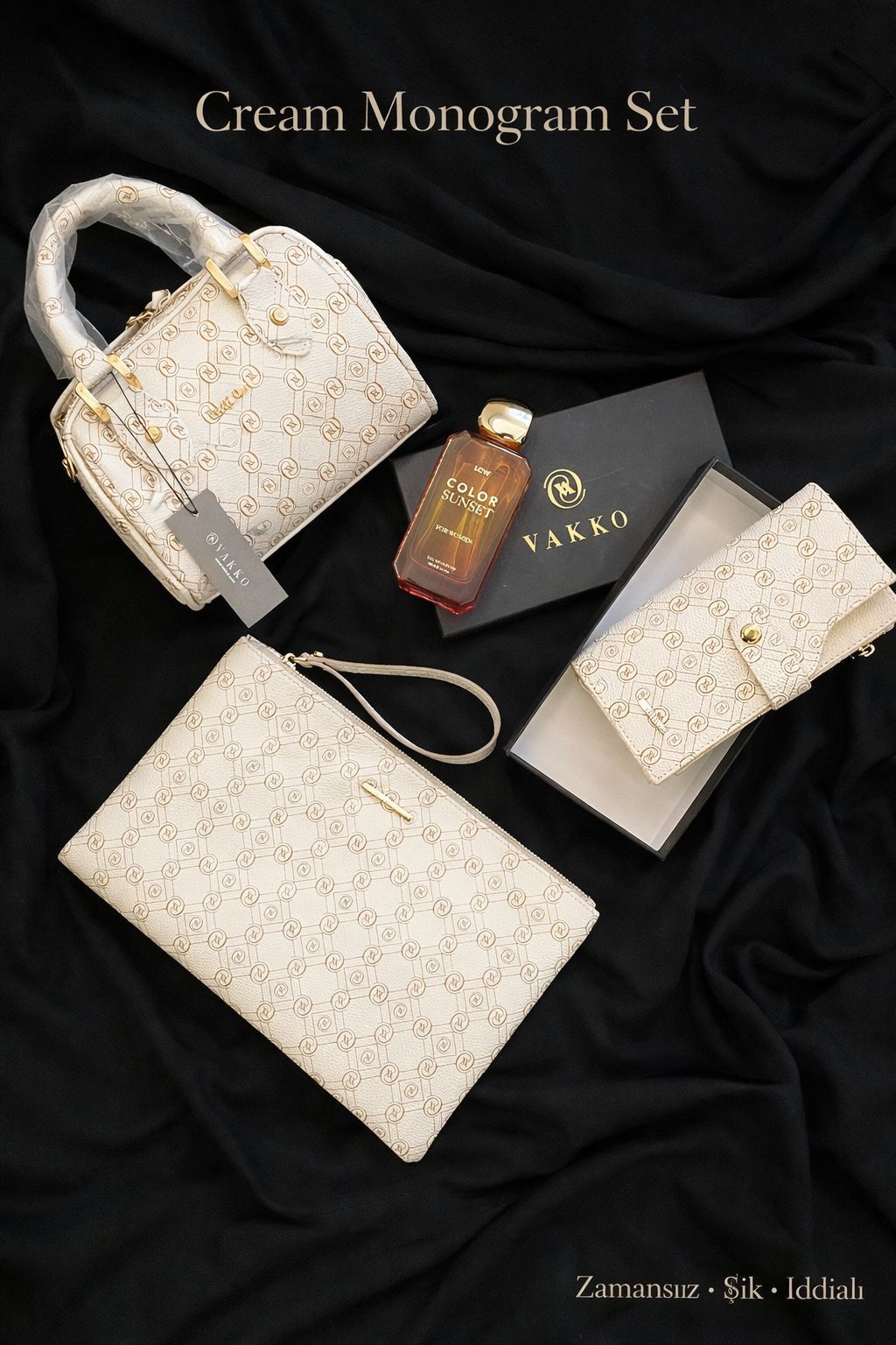 VAKKO Cream Monogram 3’lü Şık Set (Çanta – Cüzdan – El Çantası)