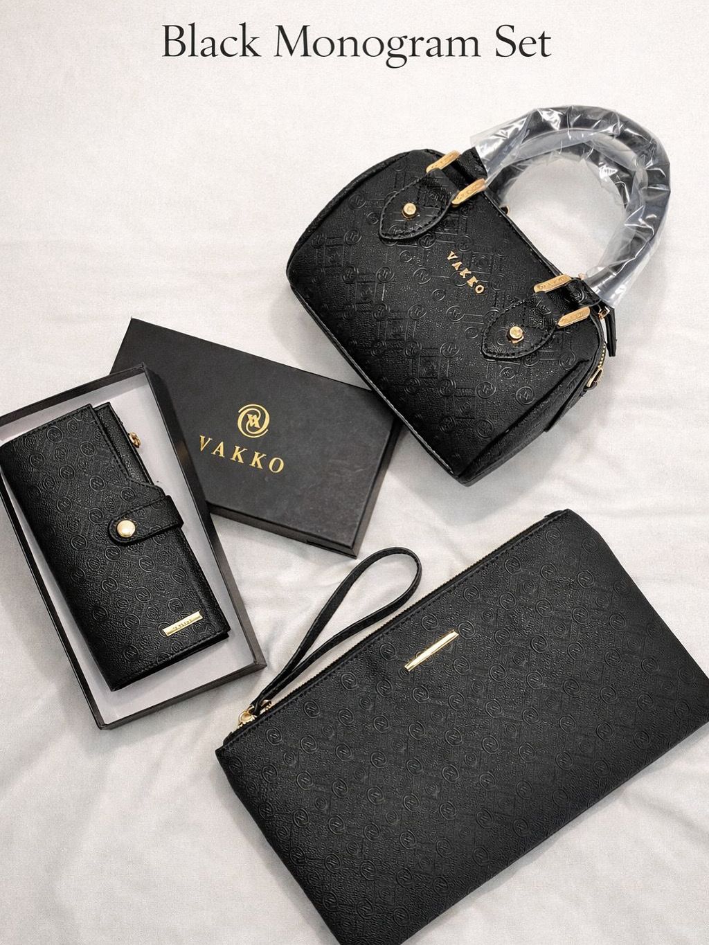VAKKO Siyah Monogram 3’lü Şık Set (Çanta – Cüzdan – El Çantası)