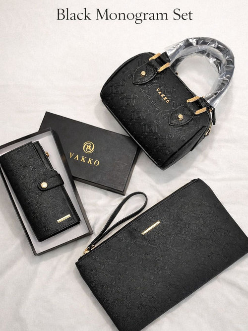 VAKKO Siyah Monogram 3’lü Şık Set (Çanta – Cüzdan – El Çantası)