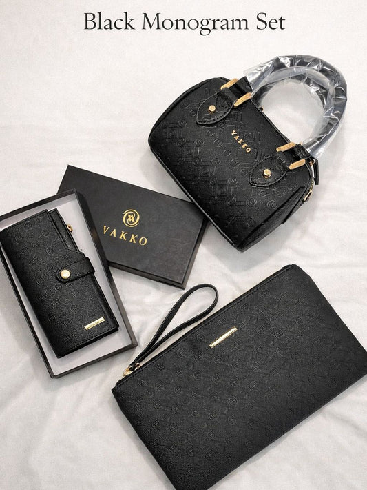VAKKO Siyah Monogram 3’lü Şık Set (Çanta – Cüzdan – El Çantası)